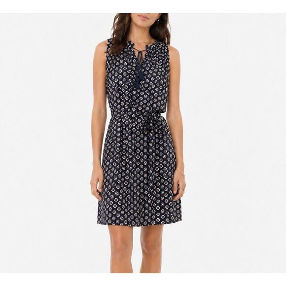 Madewell Dresses & Skirts - Madewell 100% Silk Navy Blue Printed Sleeveless Belted Tassel Tie Dress Size S